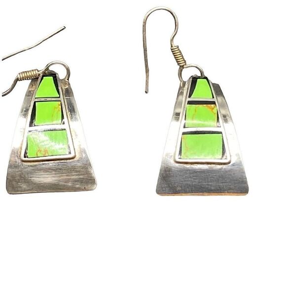 Sterling silver 925 line turquoise fishhook dangle drop earrings marked TN-47 - Picture 1 of 4